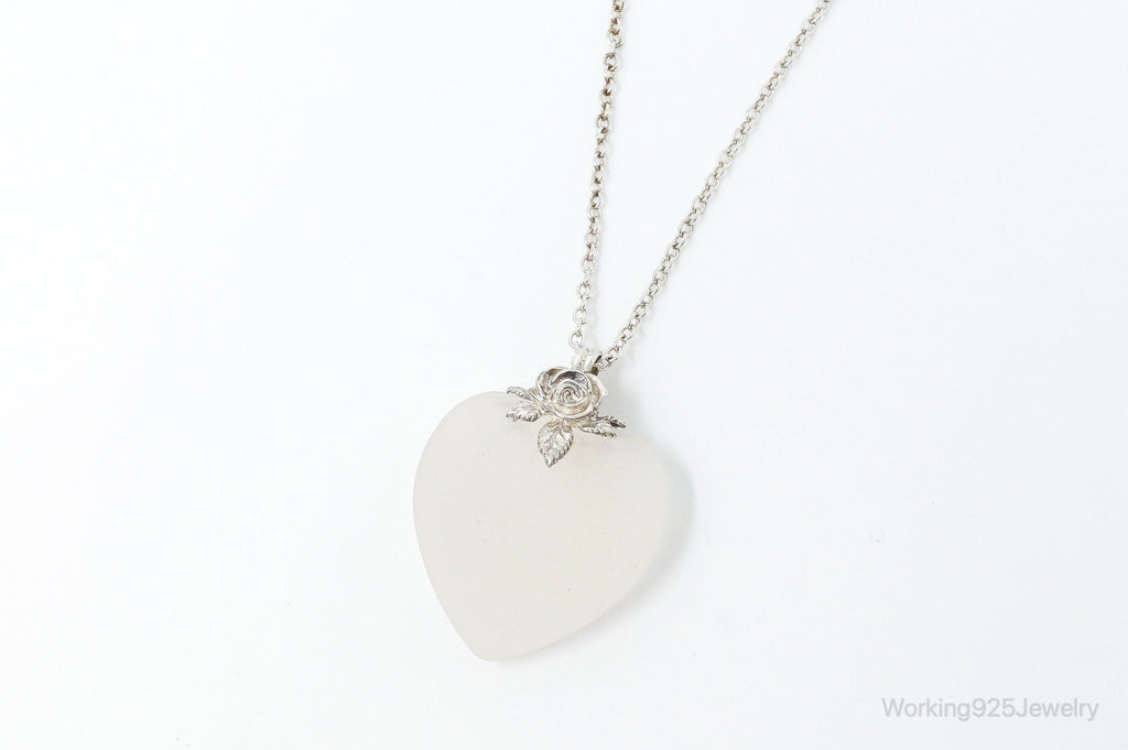 Vintage Large Frosted Glass Heart Rose Sterling Silver Necklace