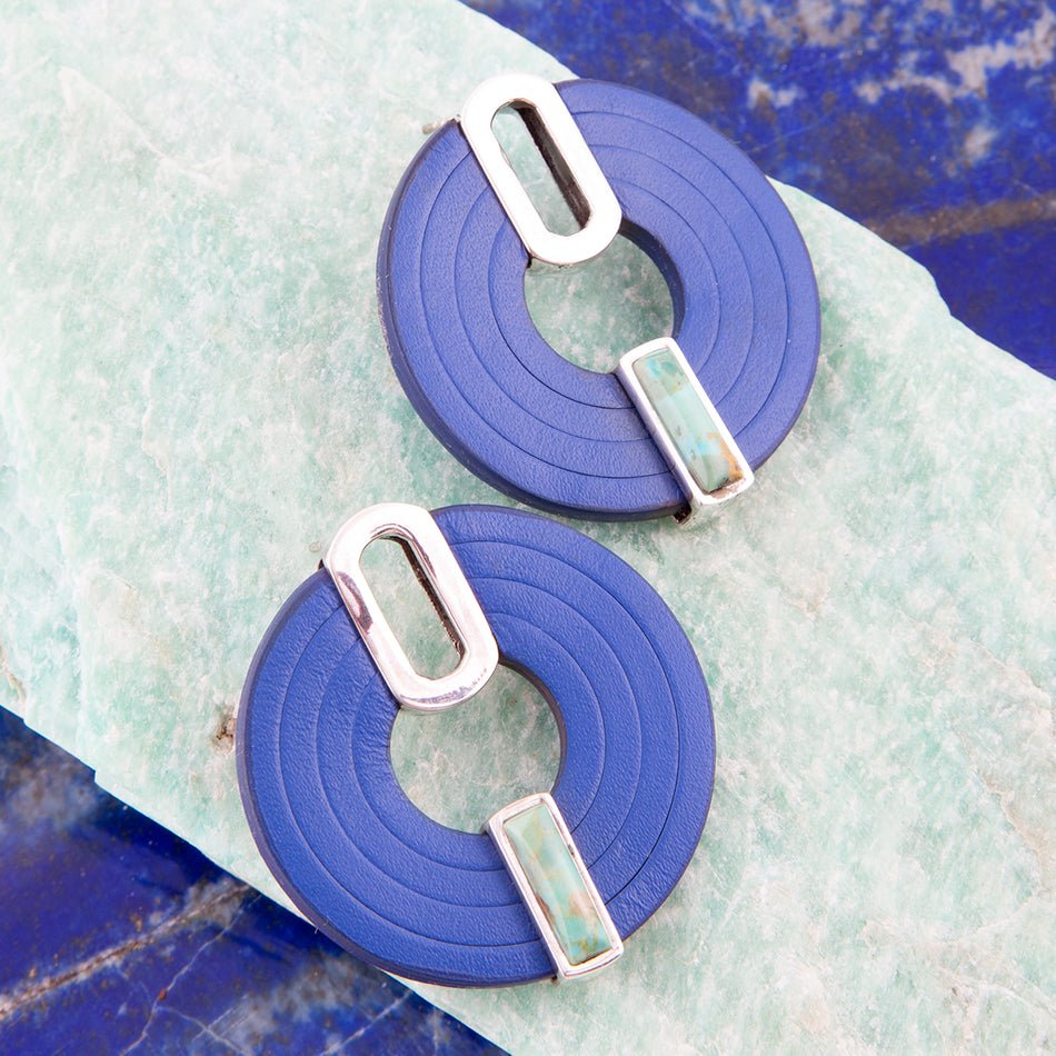 Discus Blue Turquoise and Leather Sterling Silver Earrings