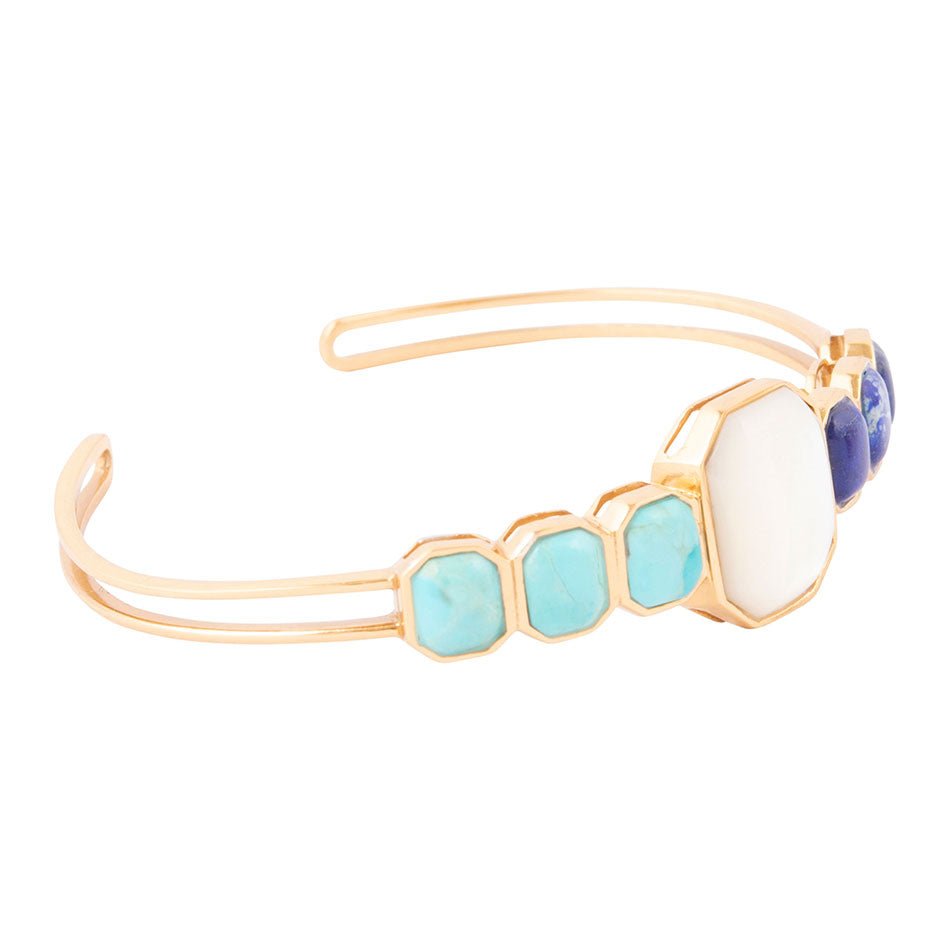 Dual Color Blue Lapis Turquoise and White Mother of Pearl Golden Cuff Bracelet