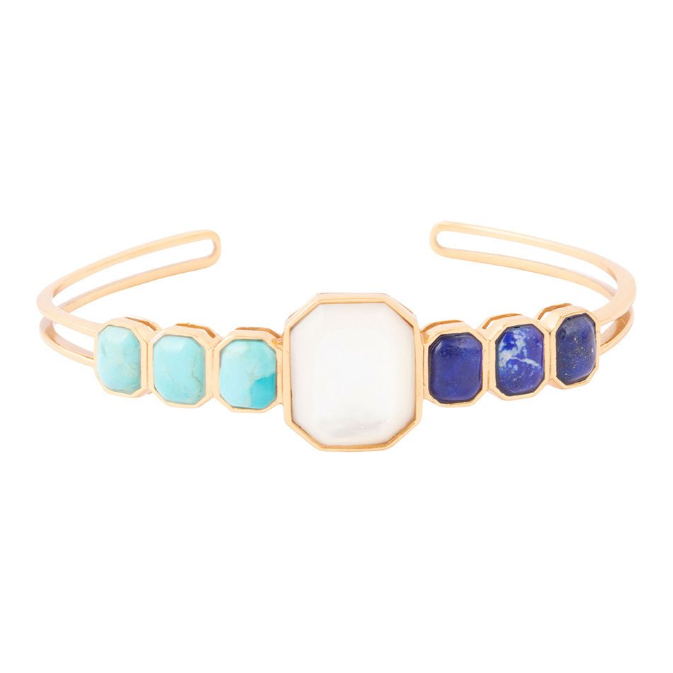 Dual Color Blue Lapis Turquoise and White Mother of Pearl Golden Cuff Bracelet