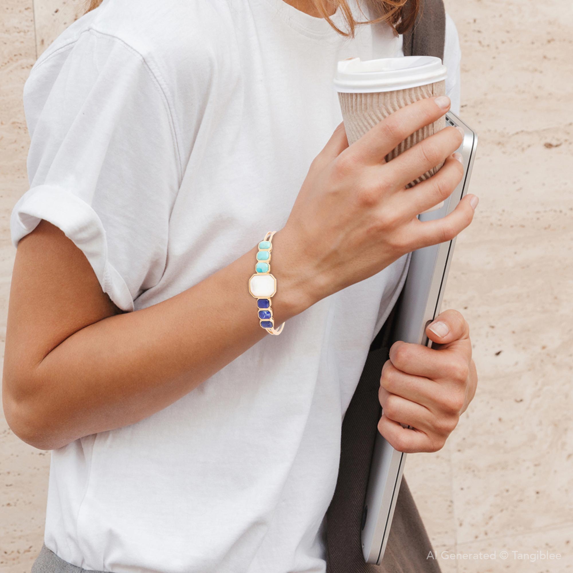 Dual Color Blue Lapis Turquoise and White Mother of Pearl Golden Cuff Bracelet