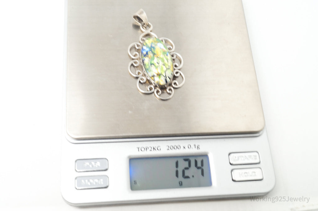 Vintage Large Mexico Dichroic Glass Flower Sterling Silver Necklace Pendant