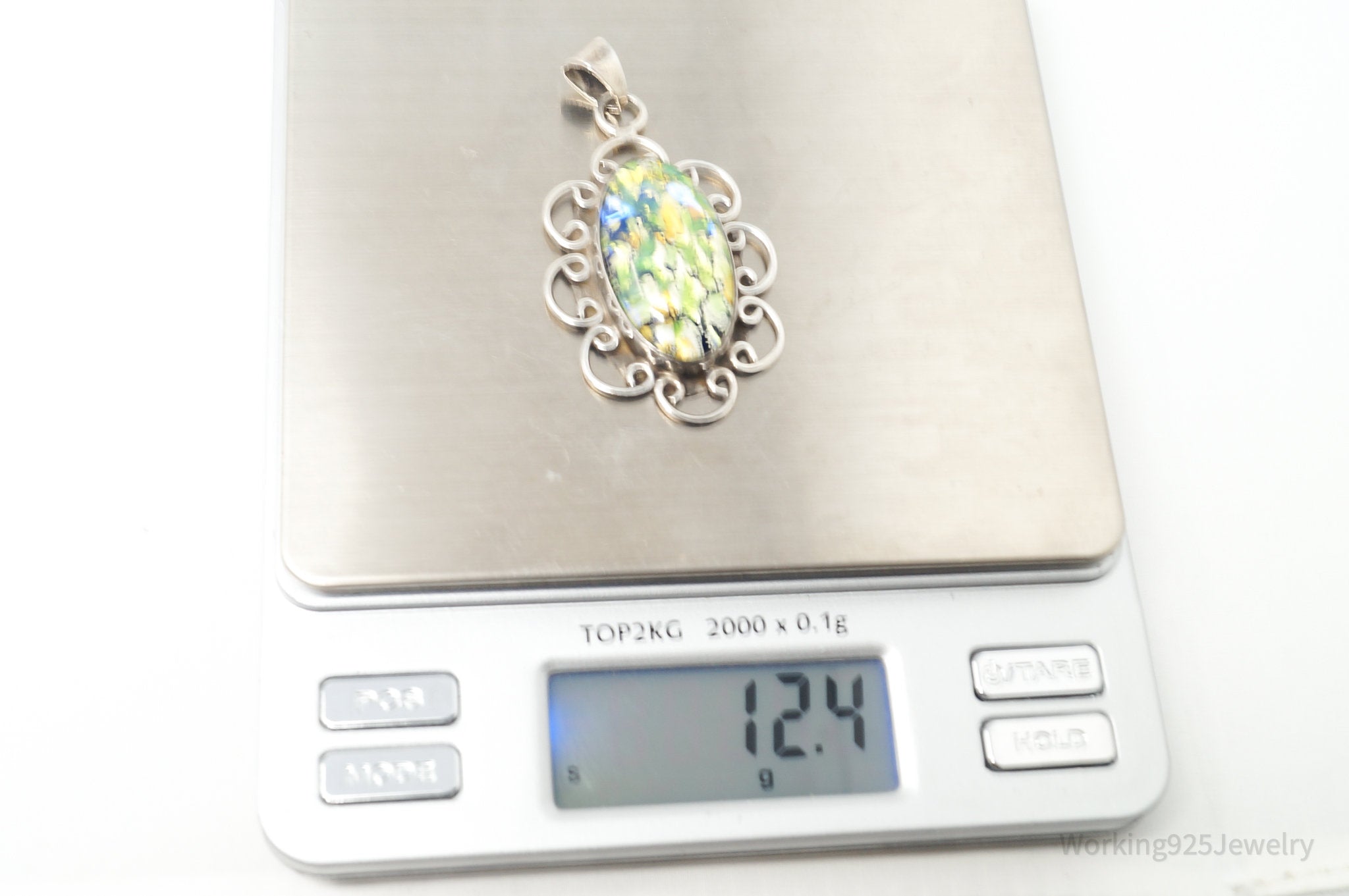 Vintage Large Mexico Dichroic Glass Flower Sterling Silver Necklace Pendant