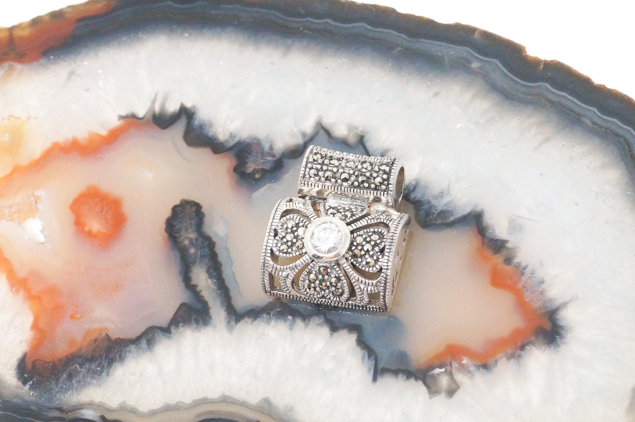 Vintage Marcasite Art Deco Cubic Zirconia Sterling Silver Necklace Pendant