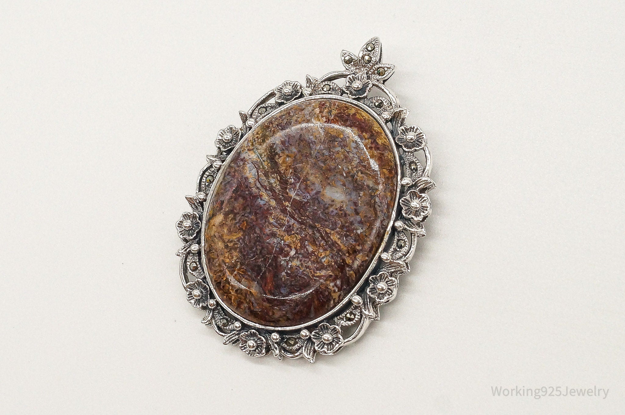 Vintage Large Designer NK Jasper Marcasite Sterling Silver Pendant