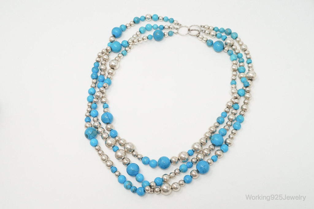Vintage Native American Turquoise Beaded Sterling Silver Necklace