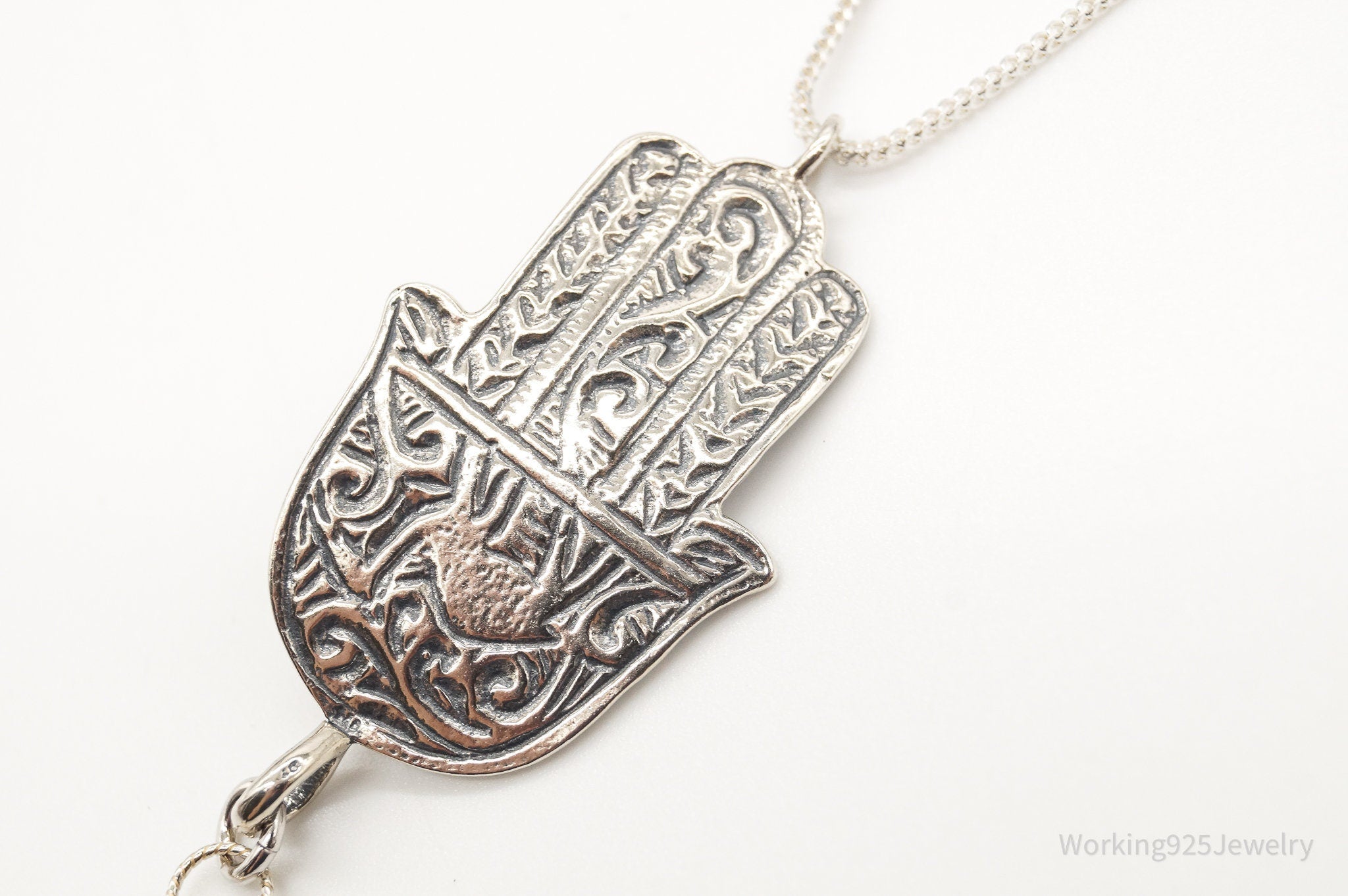 Vintage Israel Designer RL Hamsa Hand Turquoise Sterling Silver Necklace