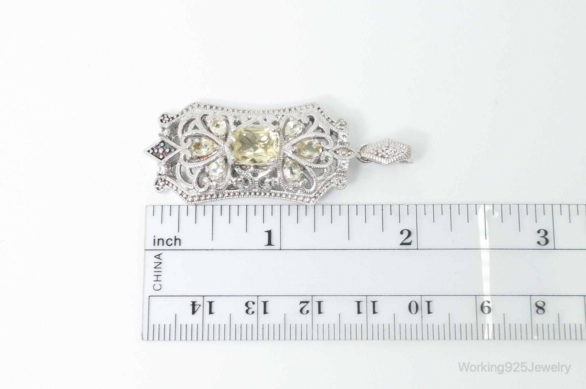 Vintage Art Deco Cubic Zirconia Peridot Sterling Silver Necklace Pendant