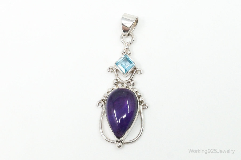 Large Vintage Blue Topaz Amethyst Sterling Silver Pendant