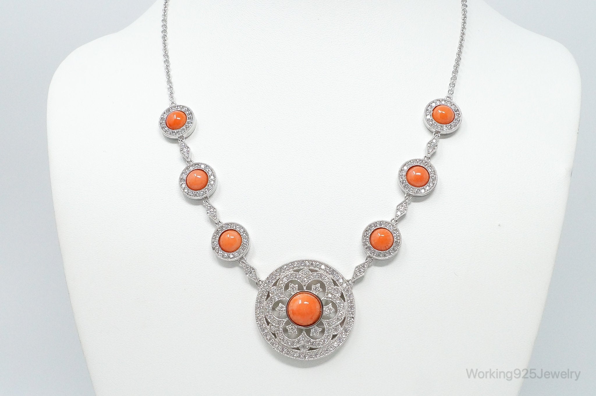 Vintage Designer Joseph Esposito Coral Cubic Zirconia Sterling Silver Necklace
