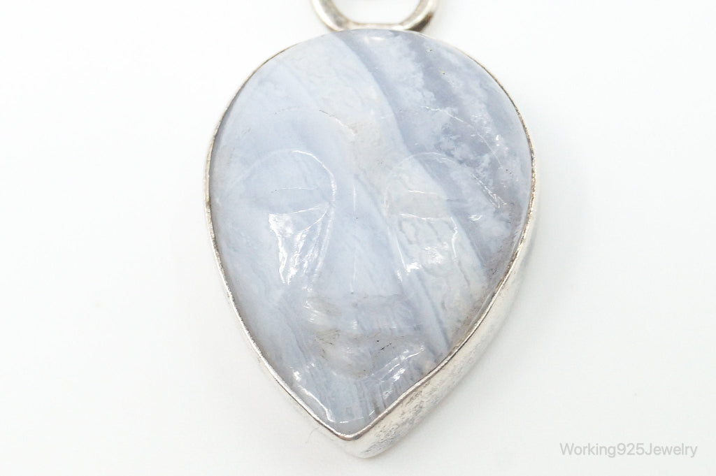 Vintage Blue Lace Agate Moon Face Sterling Silver Pendant