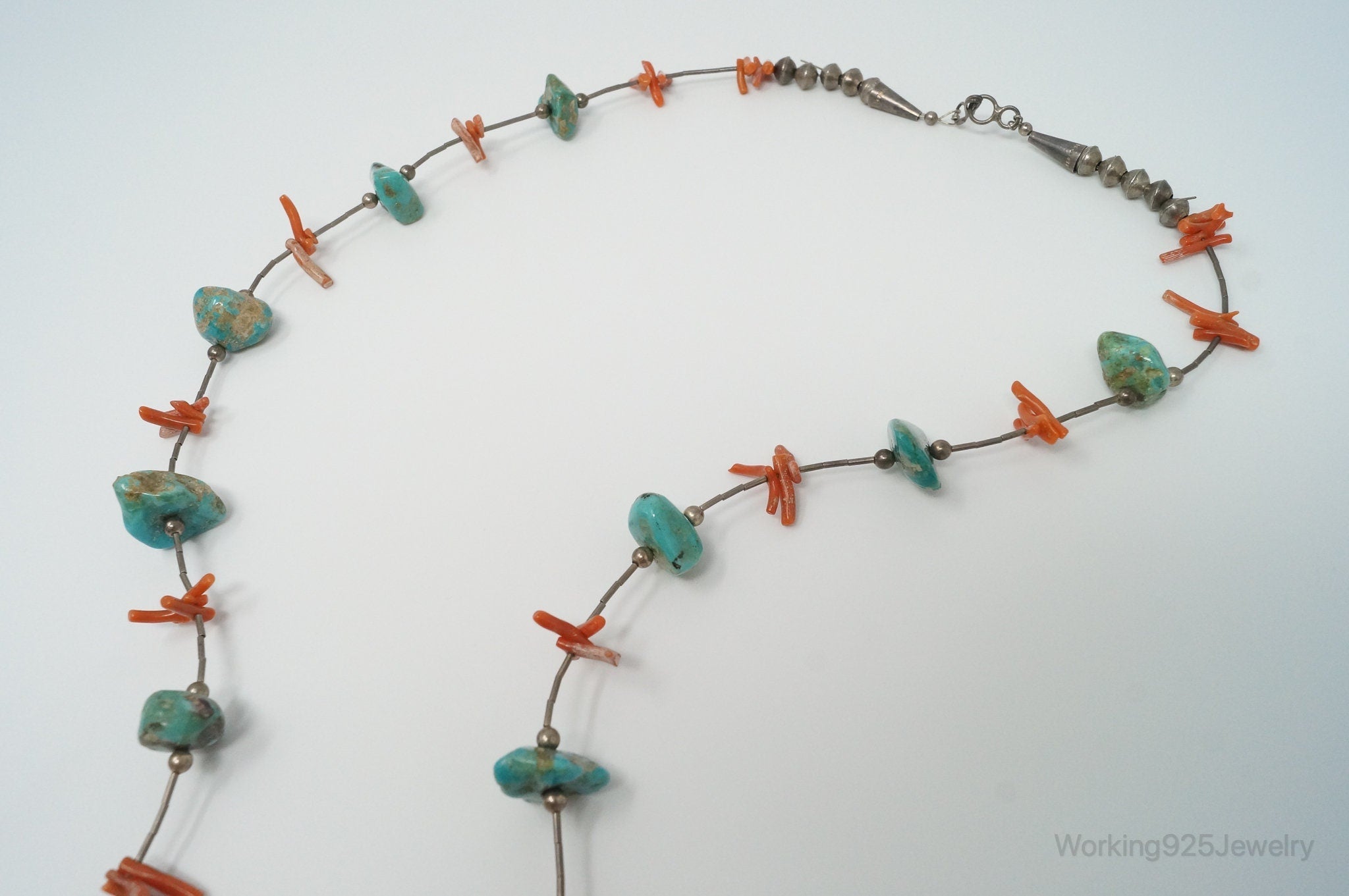 Vintage Native American Unsigned Turquoise Coral Sterling Silver Necklace