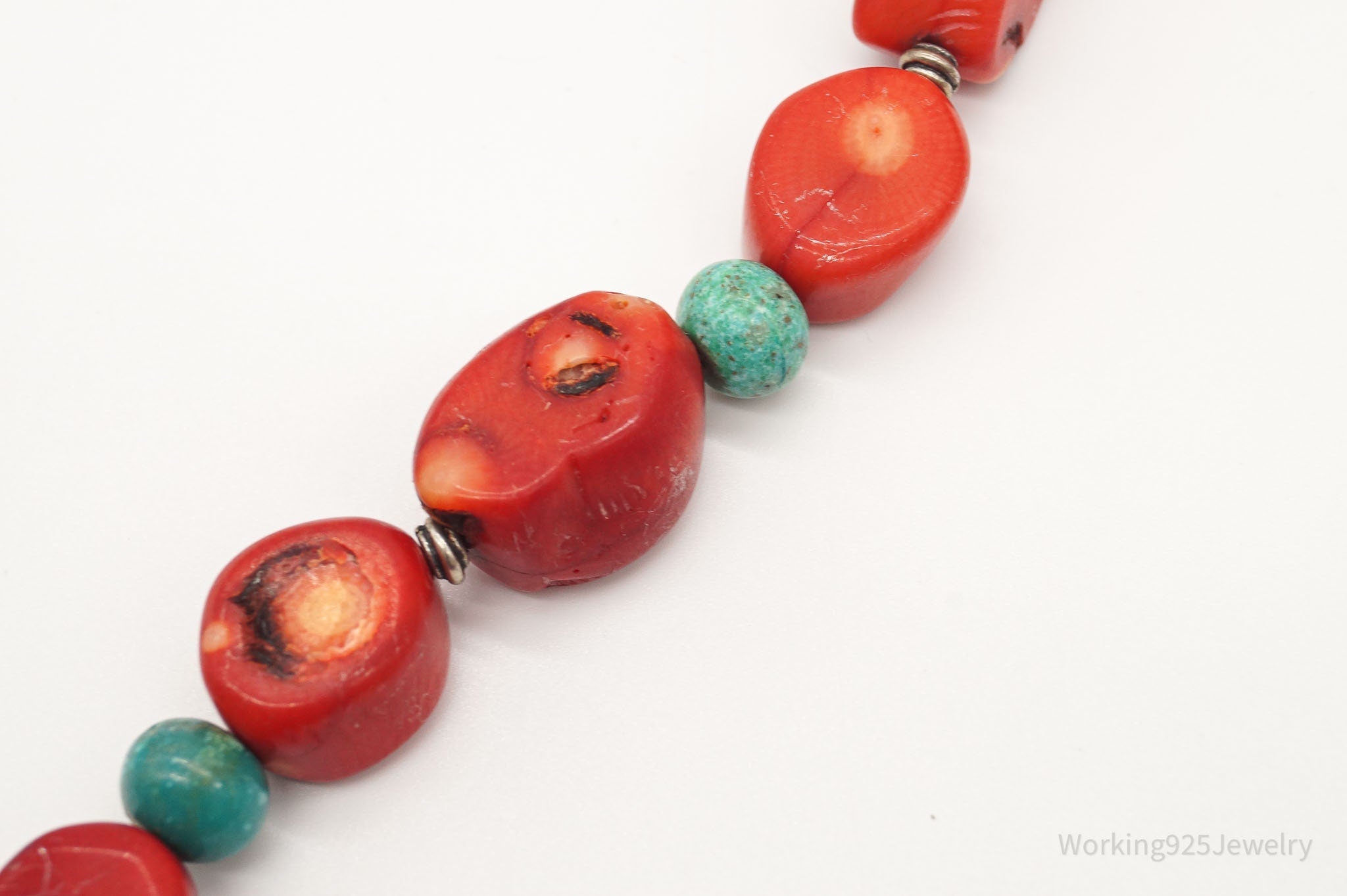 Vintage BARSE Chunky Coral Turquoise Sterling Silver Bead Necklace