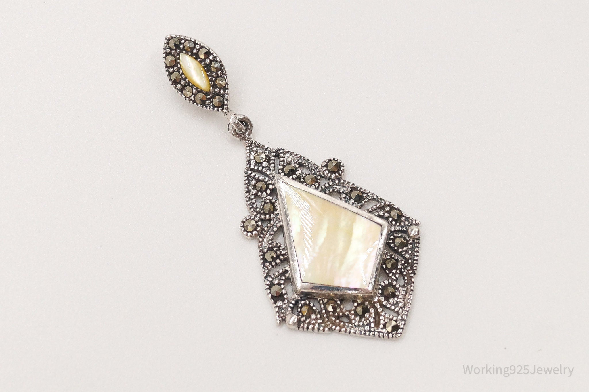 Vintage Art Deco Mother Of Pearl Marcasite Sterling Silver Pendant