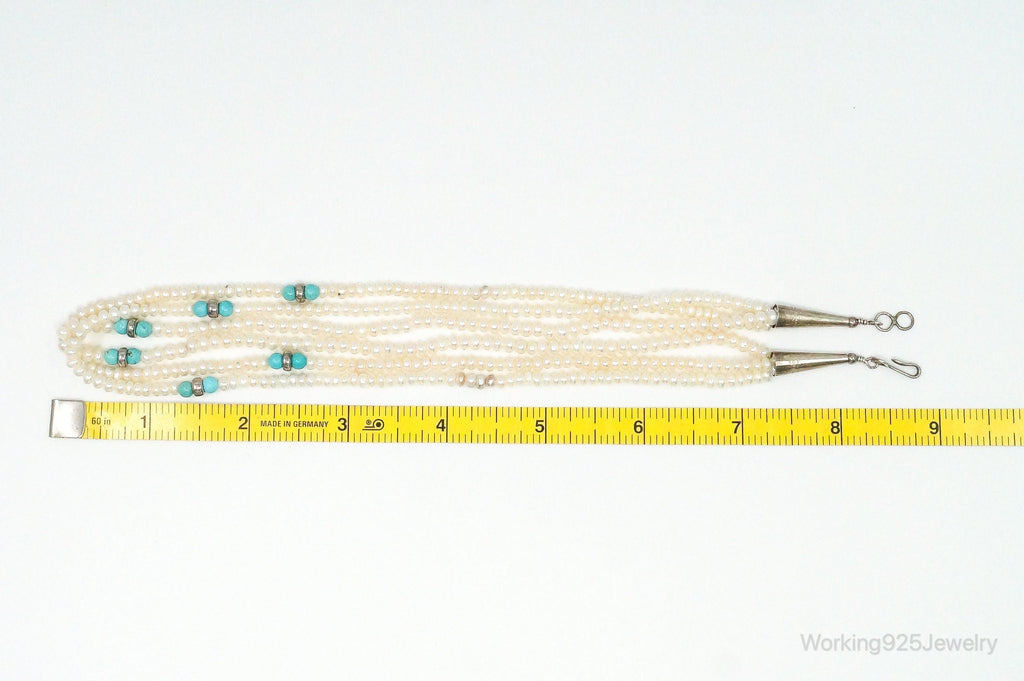 Vintage Native American Turquoise & Pearl Sterling Silver Bead Necklace