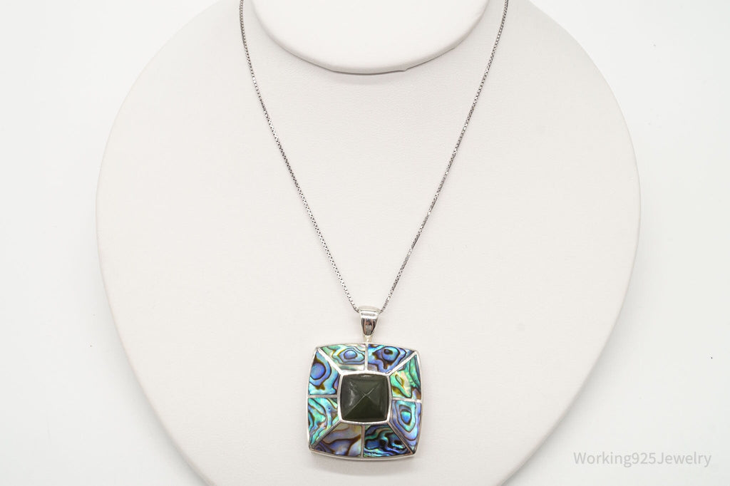 Vintage Paua Abalone Shell Green Stone Sterling Silver Necklace
