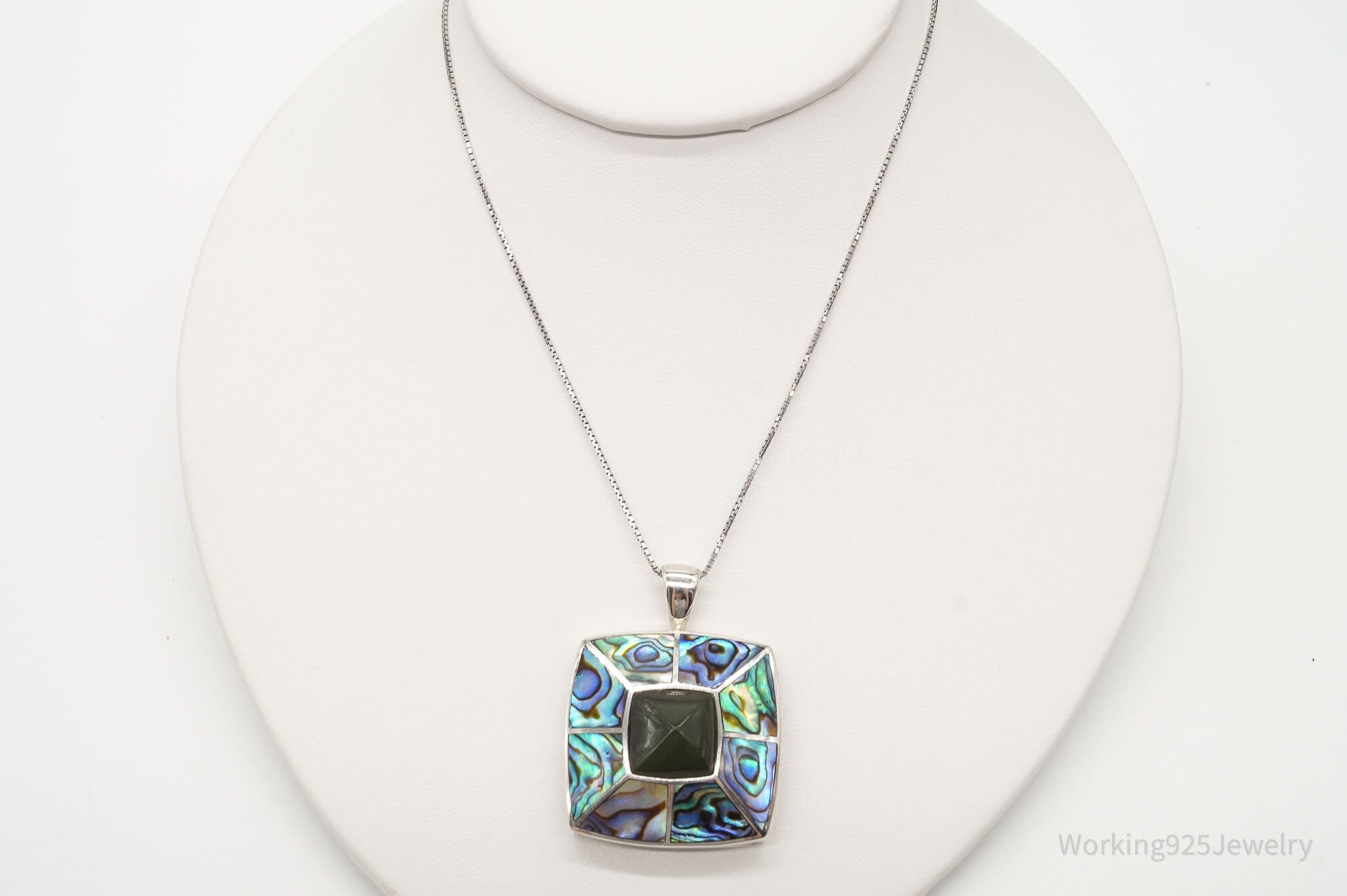 Vintage Paua Abalone Shell Green Stone Sterling Silver Necklace