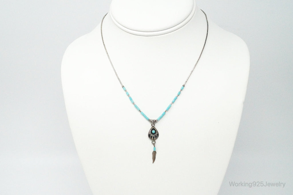 Vintage Native American Turquoise Bear Paw Sterling Silver Bead Necklace
