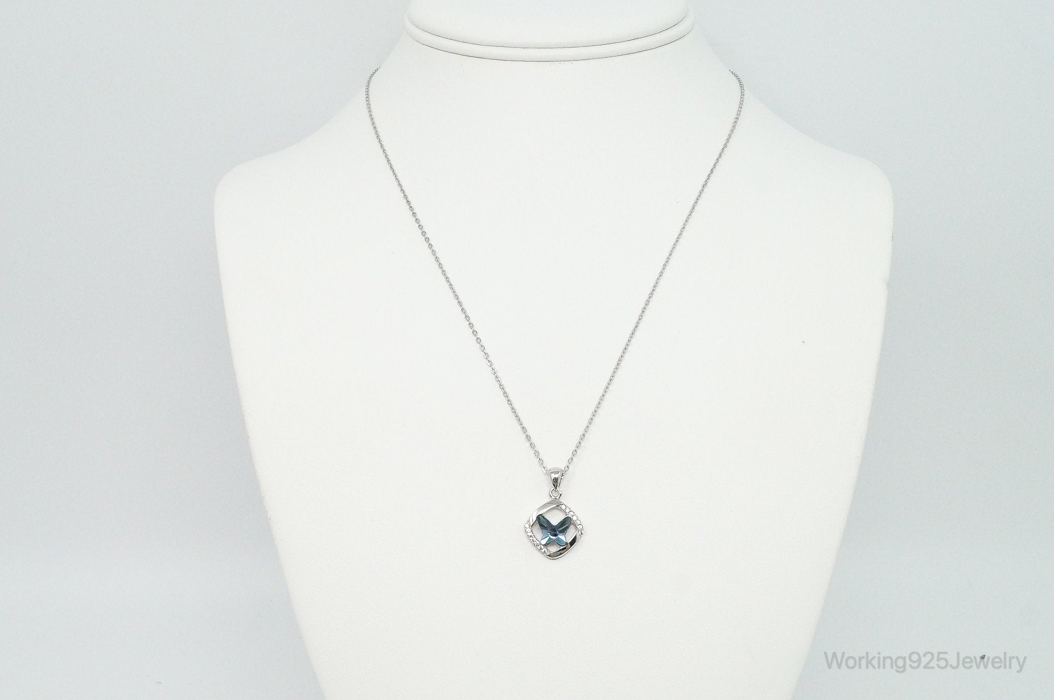 Blue Crystal Cubic Zirconia Butterfly Sterling Silver Necklace