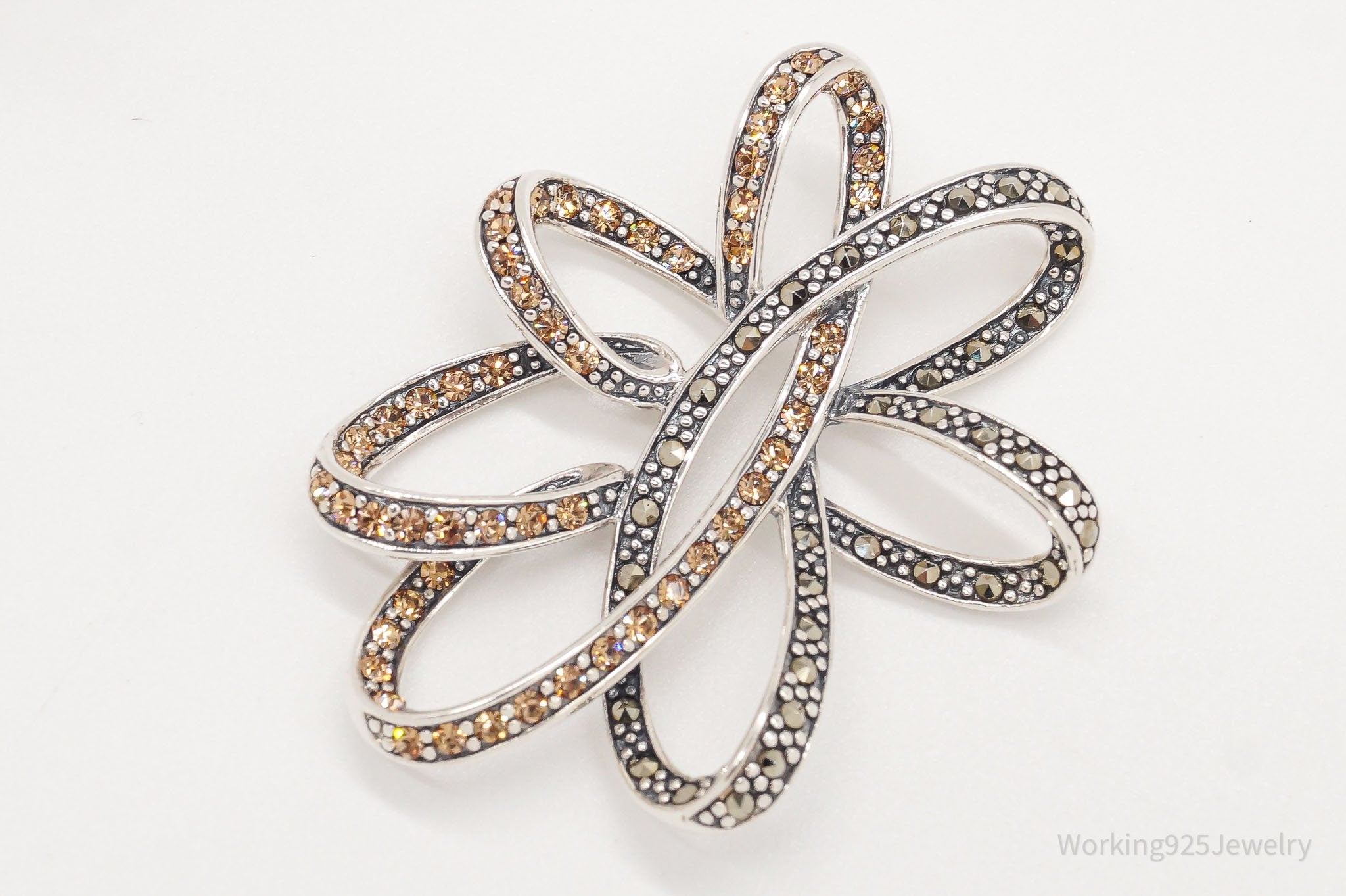 Large Vintage Marcasite Champagne Cubic Zirconia Sterling Silver Pendant