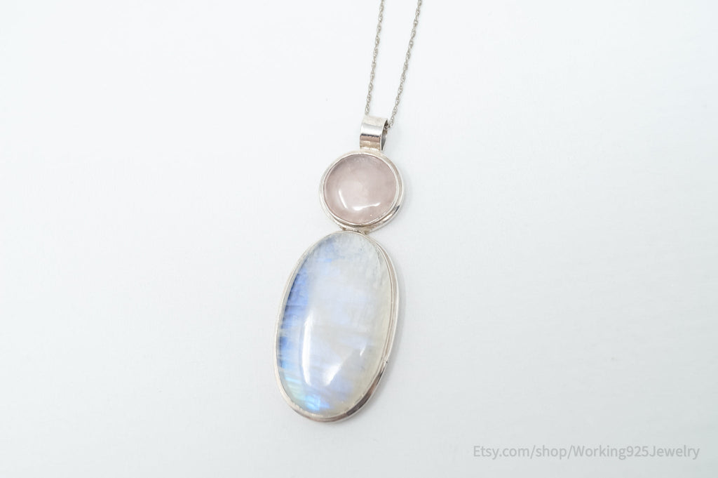 Vintage Large Moonstone Rose Quartz Sterling Silver Southwestern Necklace