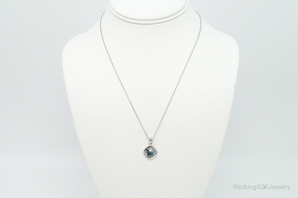 Blue Crystal Cubic Zirconia Butterfly Sterling Silver Necklace