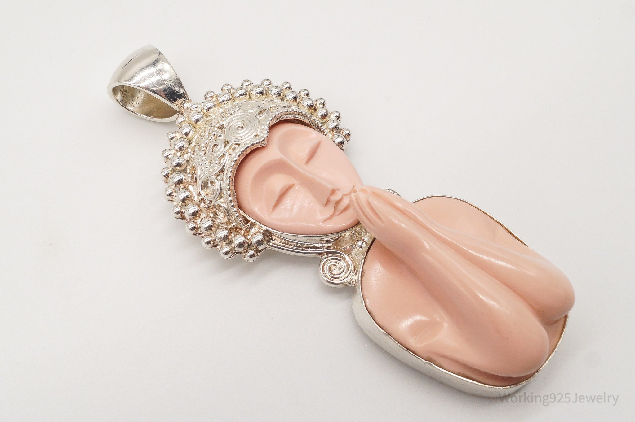 Large Vintage Carved Coral Goddess Sterling Silver Pendant