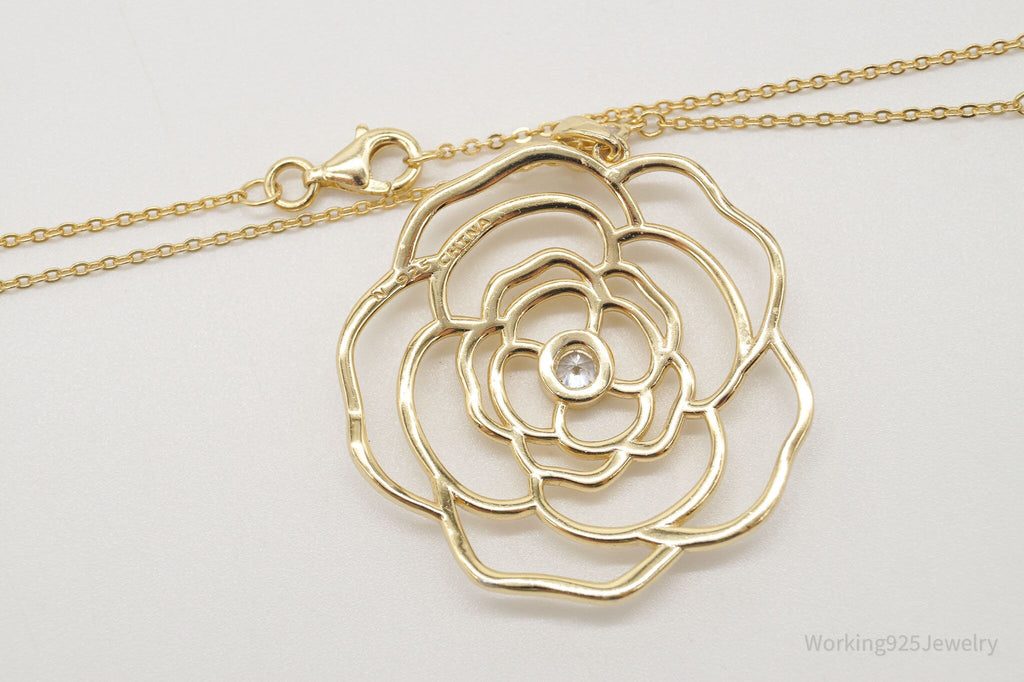 Vintage Cubic Zirconia Gold Vermeil Sterling Silver Flower Necklace 18"