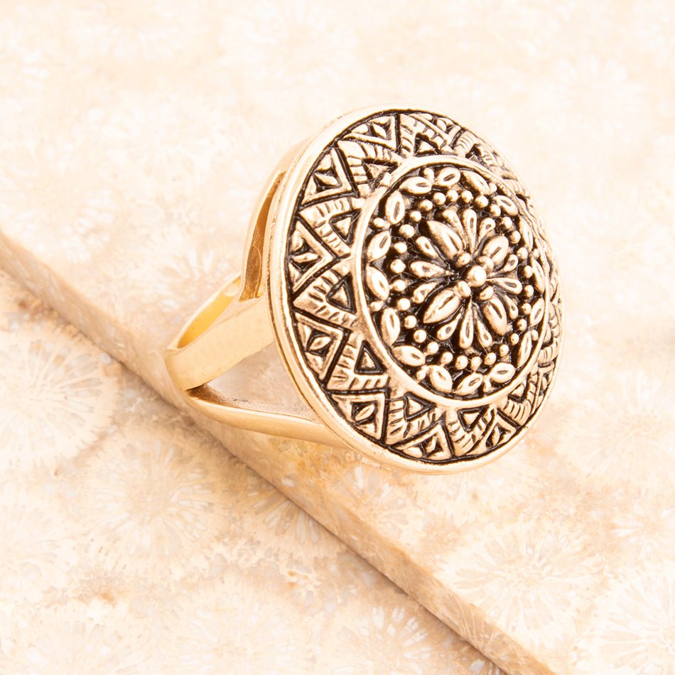Engraved Golden Bronze Statement Ring