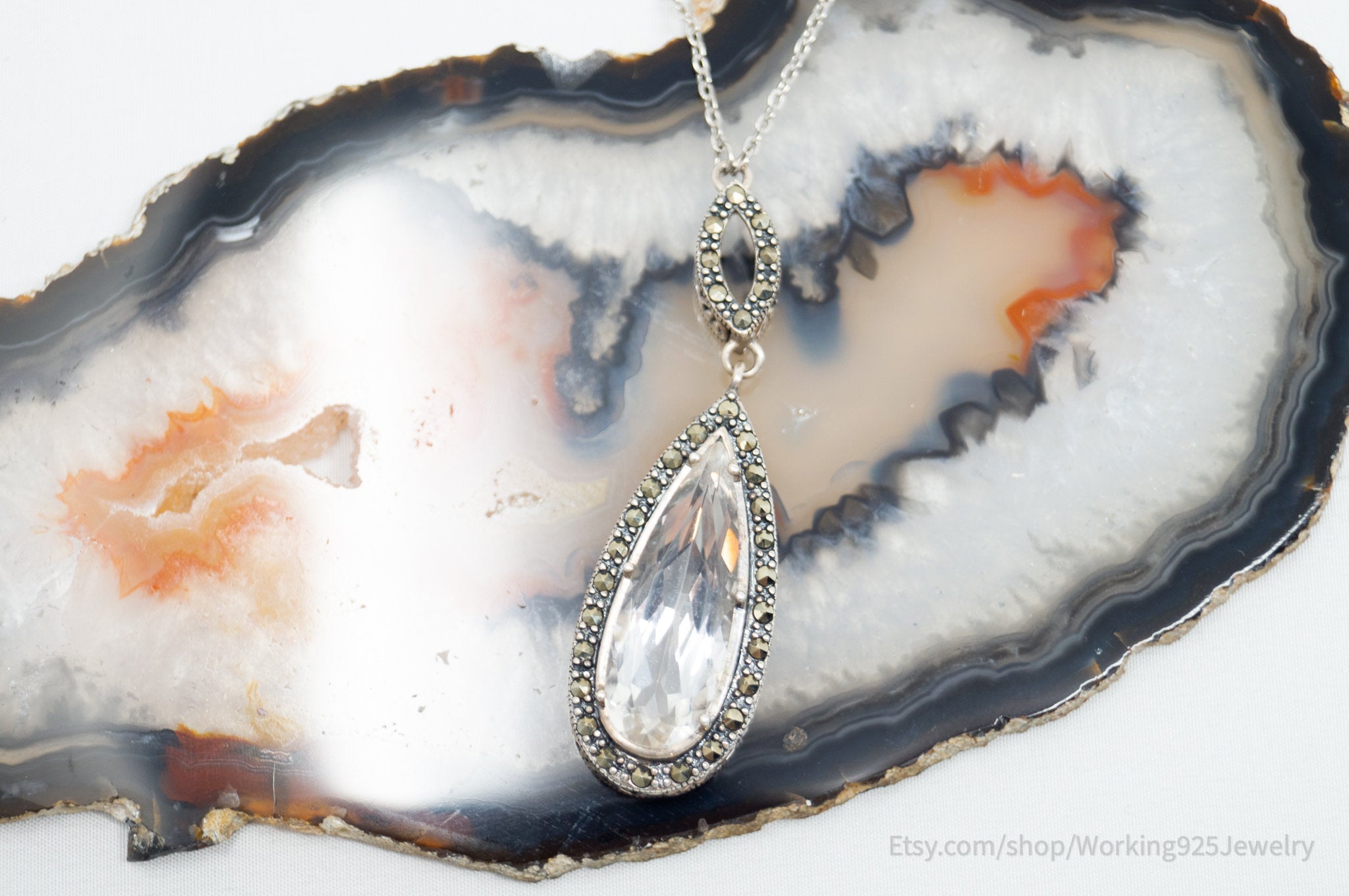 Vintage Marcasite Art Deco Cubic Zirconia Heart Scroll Sterling Silver Necklace