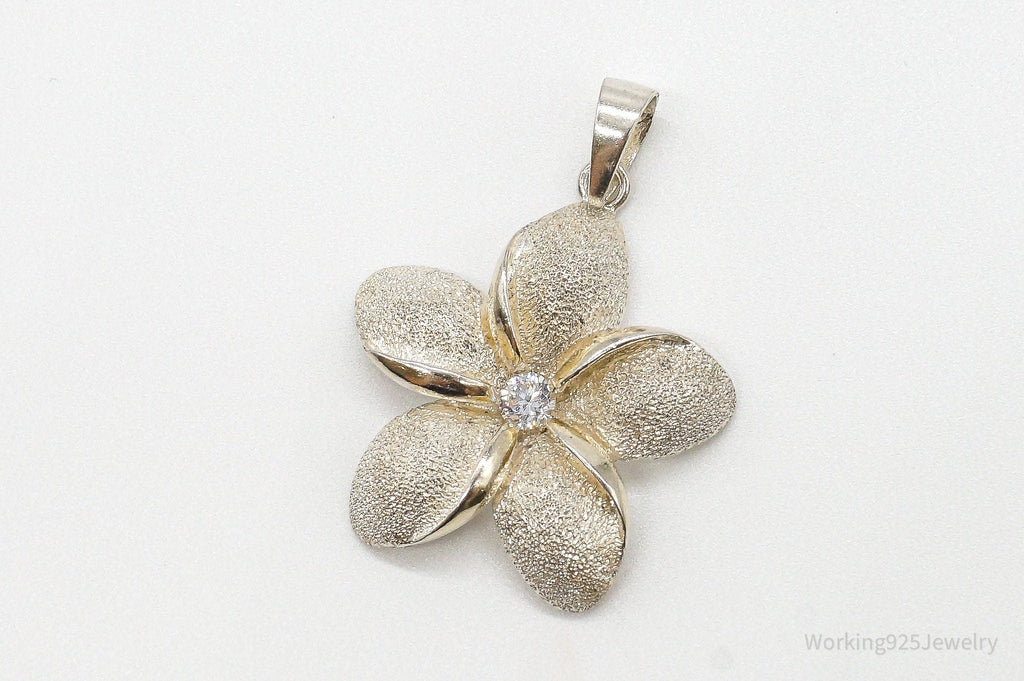 Large Vintage Cubic Zirconia Flower Sterling Silver Pendant