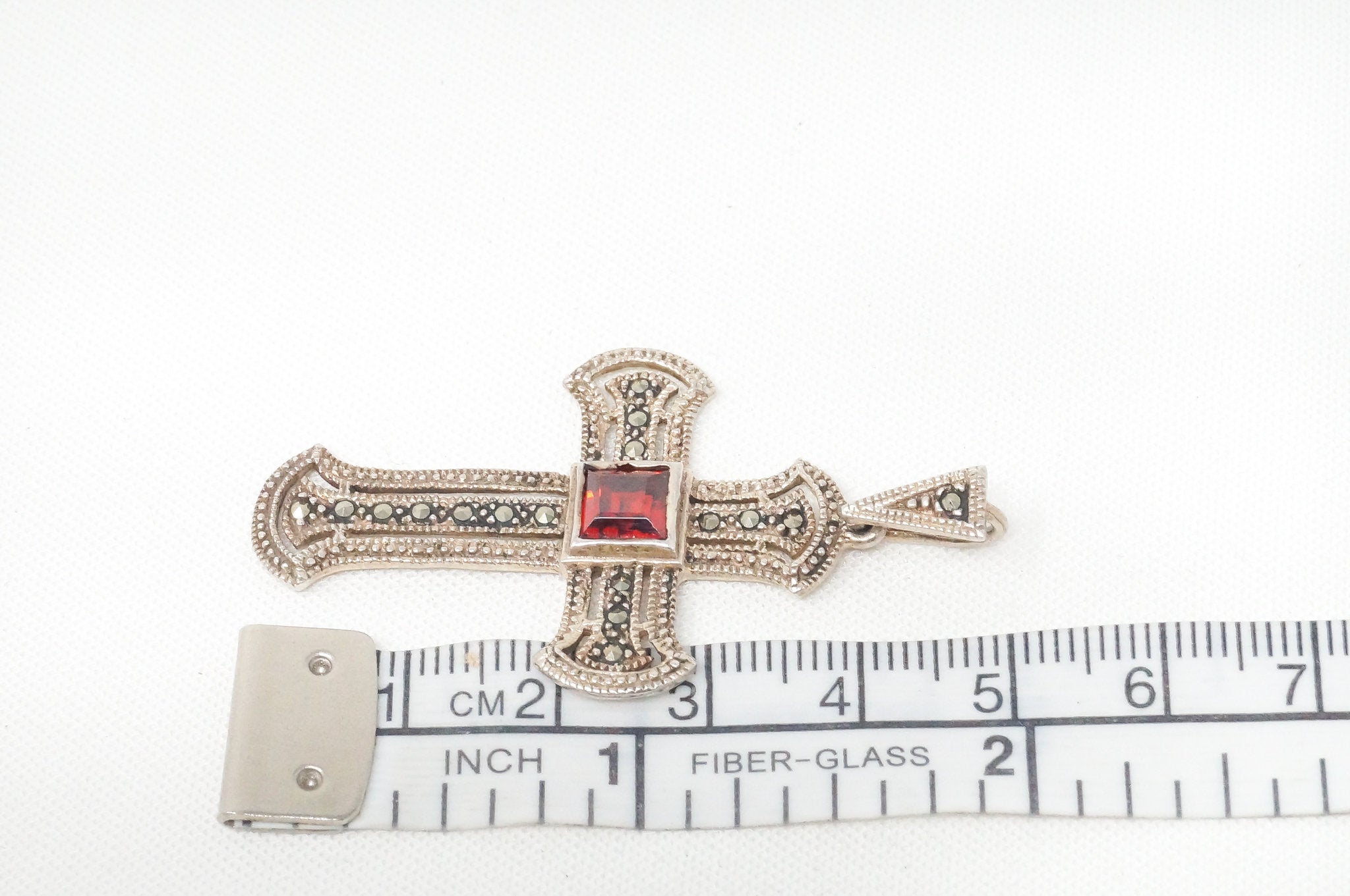 Vintage Garnet Marcasite Cross Sterling Silver Necklace Pendant