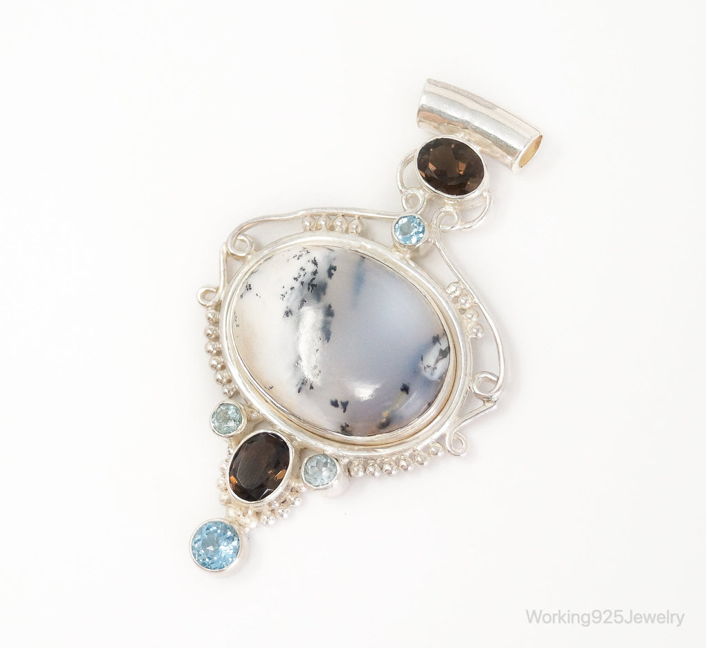 Large SAJEN Dendritic Agate Smoky Topaz Blue Topaz Sterling Silver Pendant