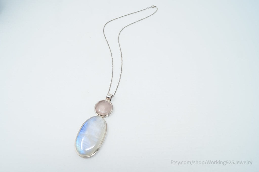 Vintage Large Moonstone Rose Quartz Sterling Silver Southwestern Necklace