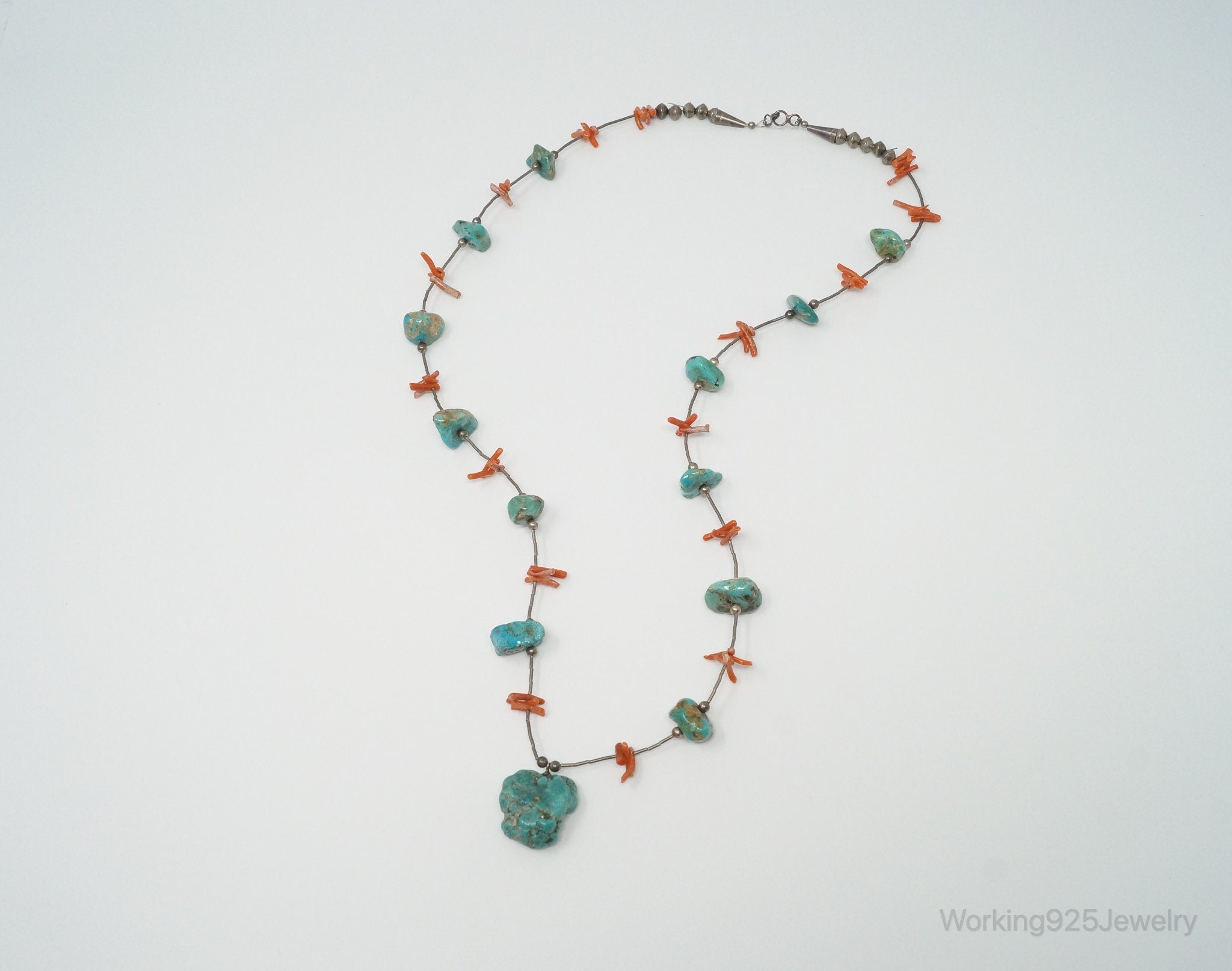 Vintage Native American Unsigned Turquoise Coral Sterling Silver Necklace