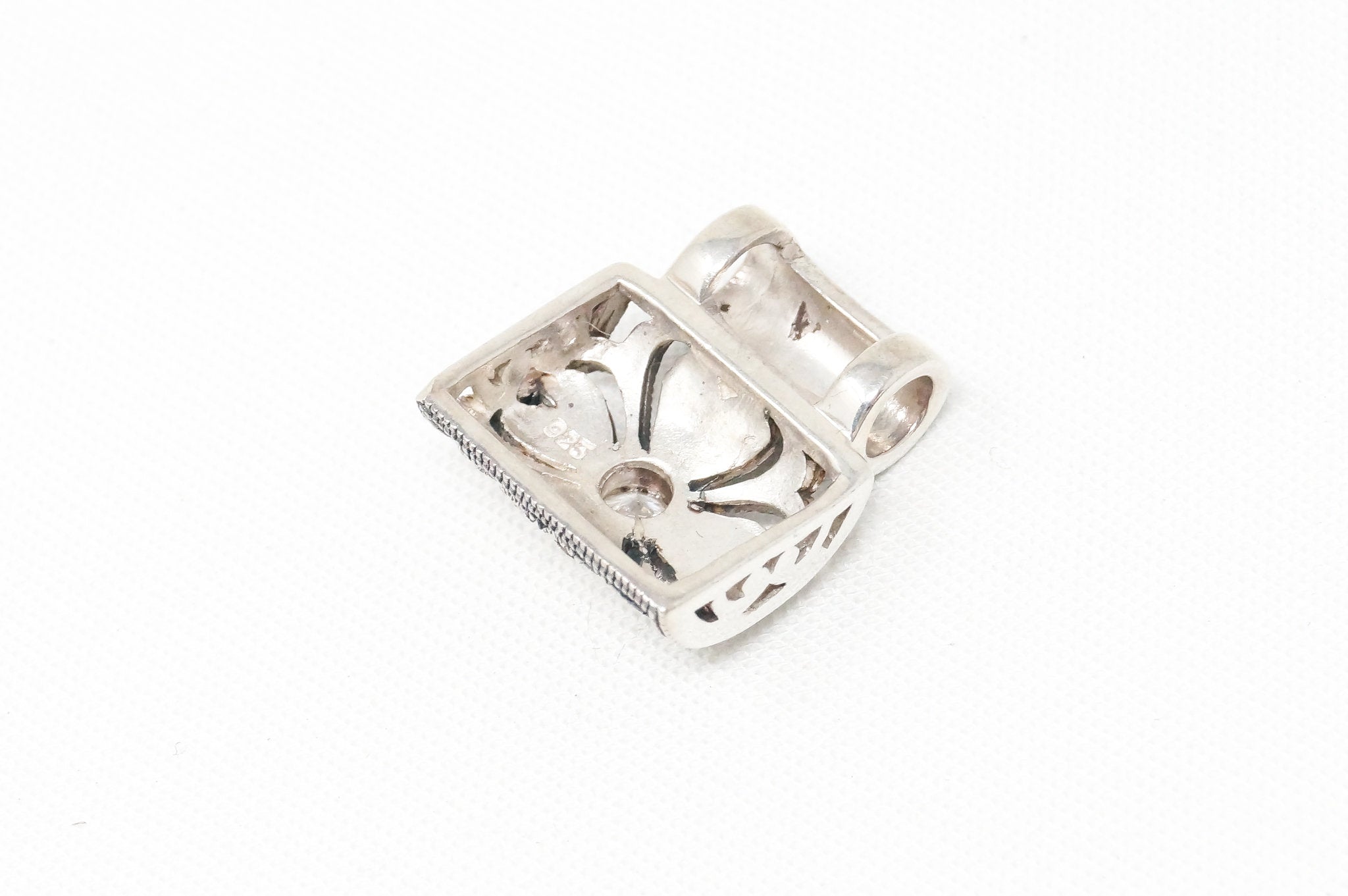 Vintage Marcasite Art Deco Cubic Zirconia Sterling Silver Necklace Pendant