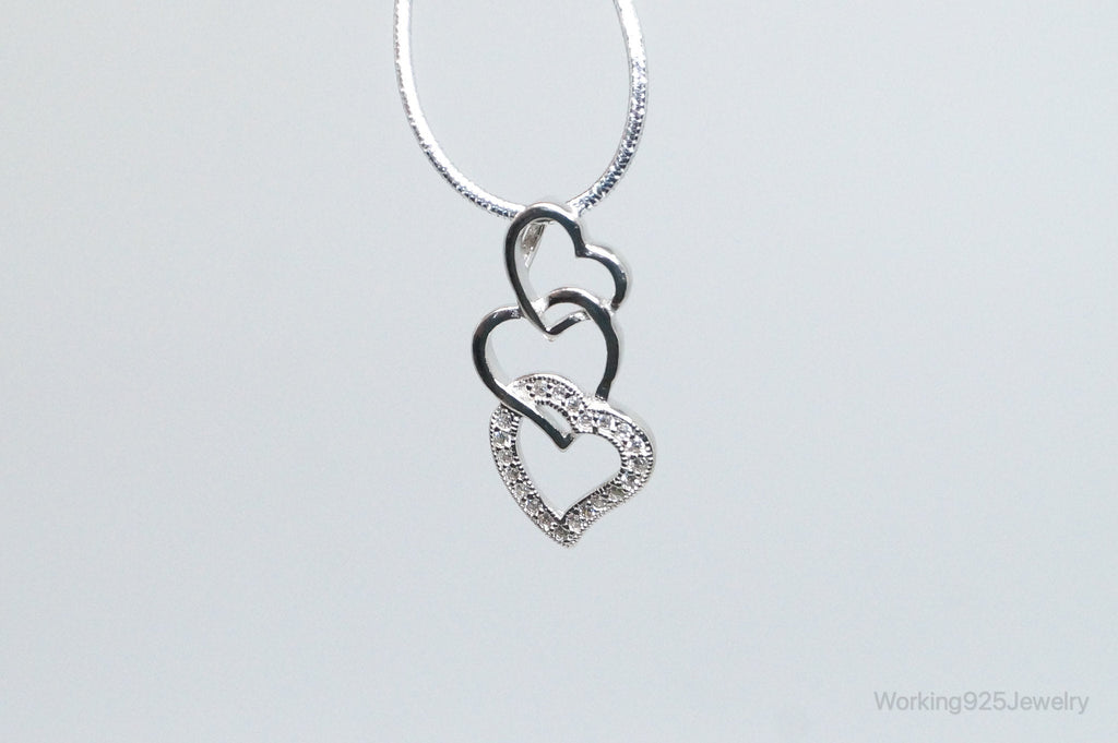 Vintage Open Hearts Cubic Zirconia Accented Sterling Silver Necklace Pendant