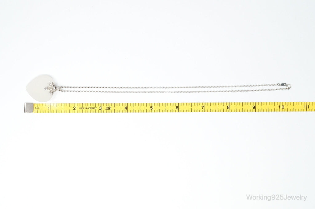 Vintage Large Frosted Glass Heart Rose Sterling Silver Necklace