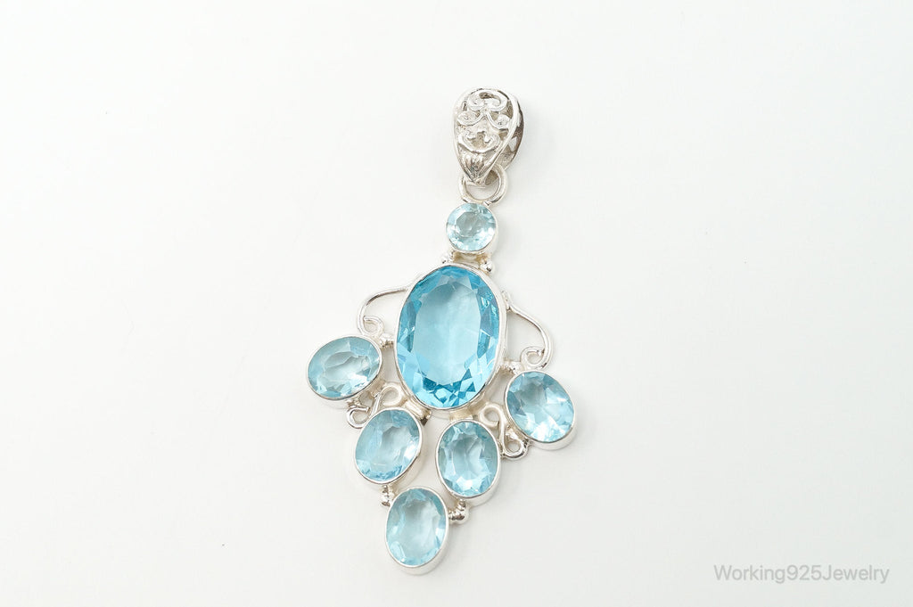 Large Vintage Blue Topaz Sterling Silver Necklace Pendant