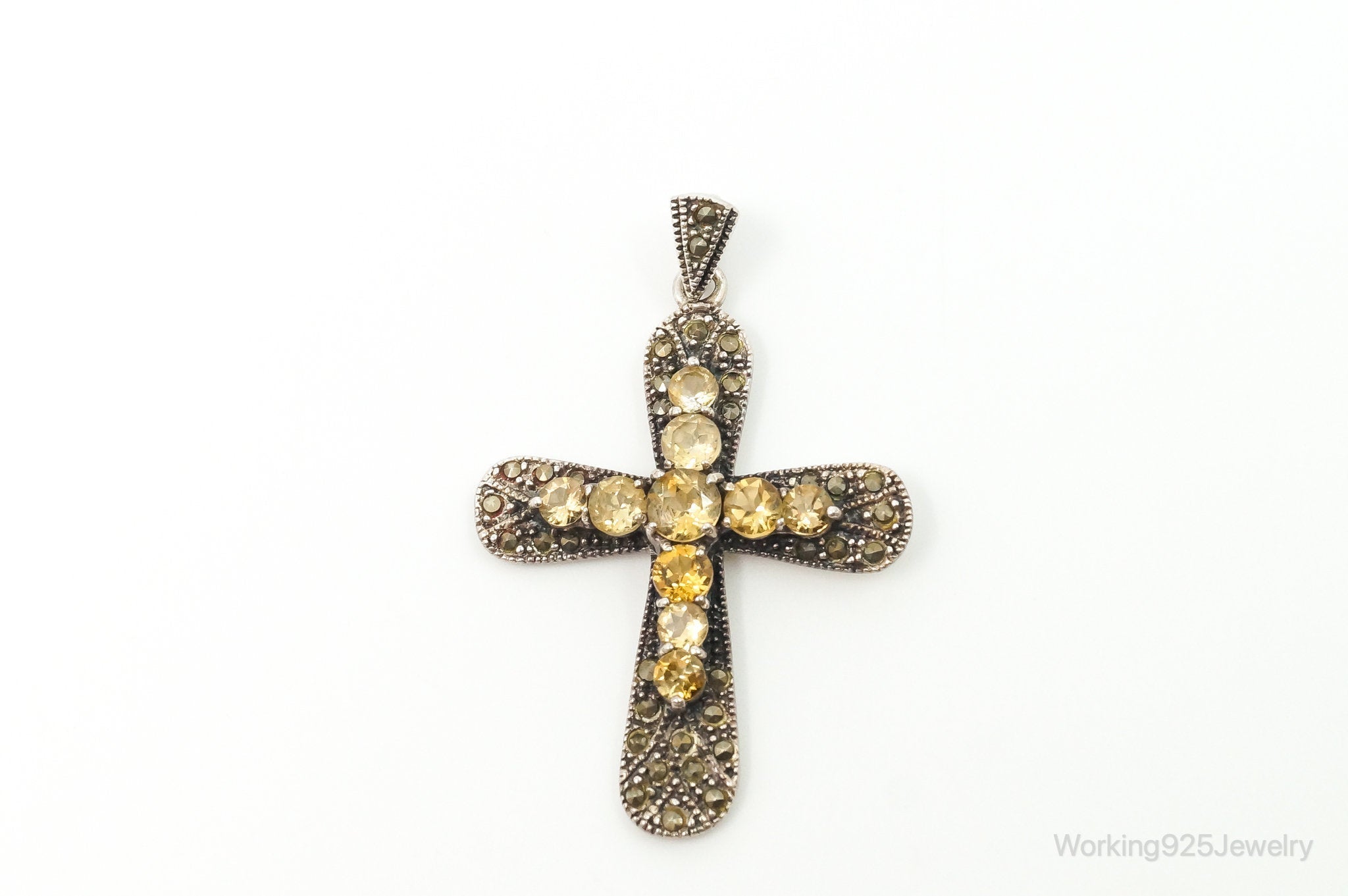 Large Vintage Citrine Marcasite Cross Sterling Silver Pendant