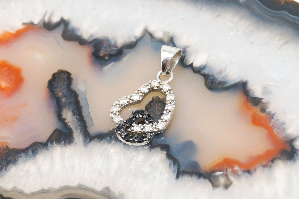 Vintage Open Heart CZ Black Onyx Accented Sterling Silver Necklace Pendant