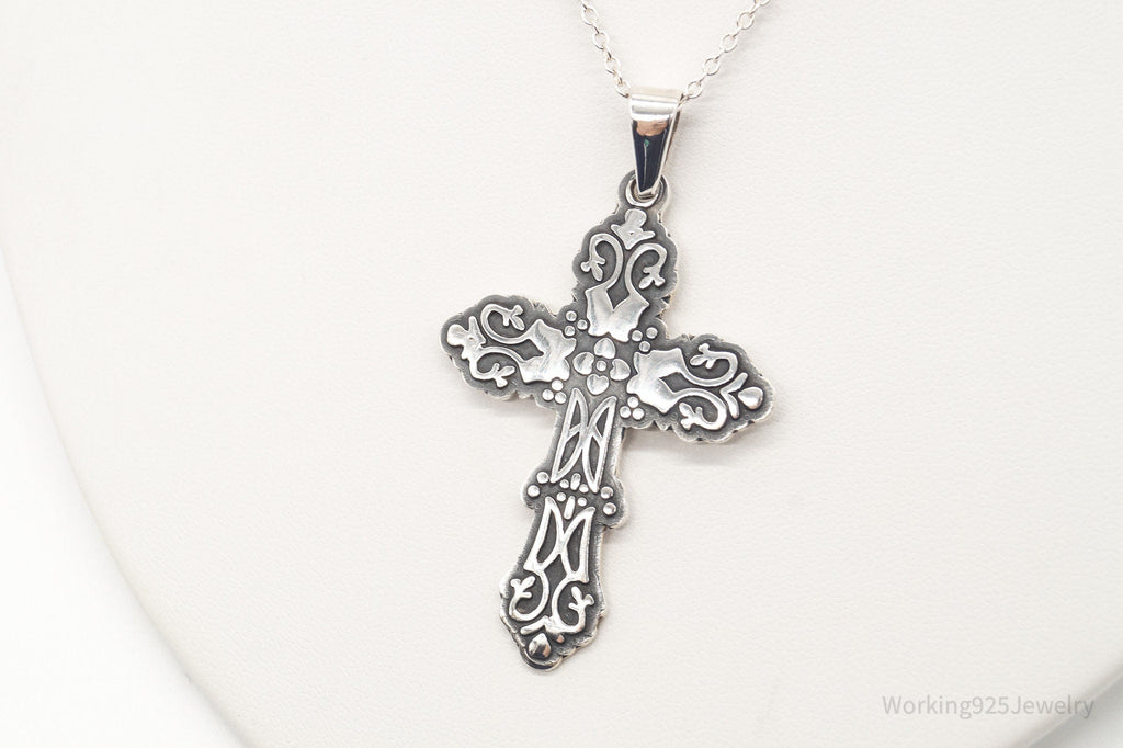 Vintage Large Mexico Artisan CII Cross Sterling Silver Necklace