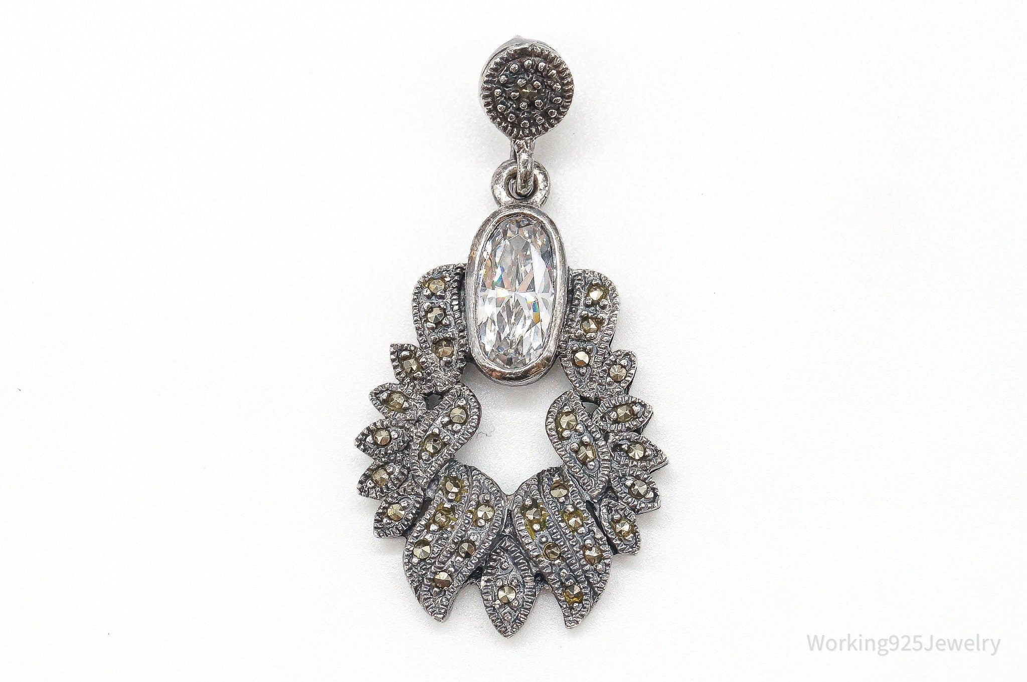 Vintage Marcasite Art Deco Cubic Zirconia Sterling Silver Pendant