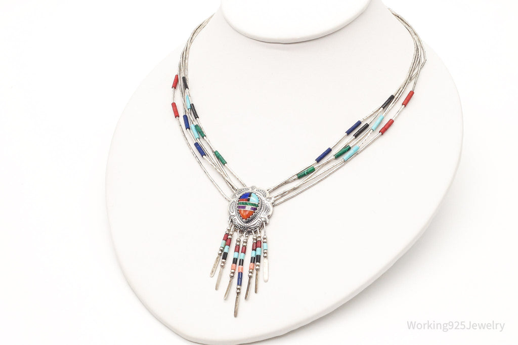 Vintage Native American QT Multi Gem Bead Sterling Silver Chain Necklace