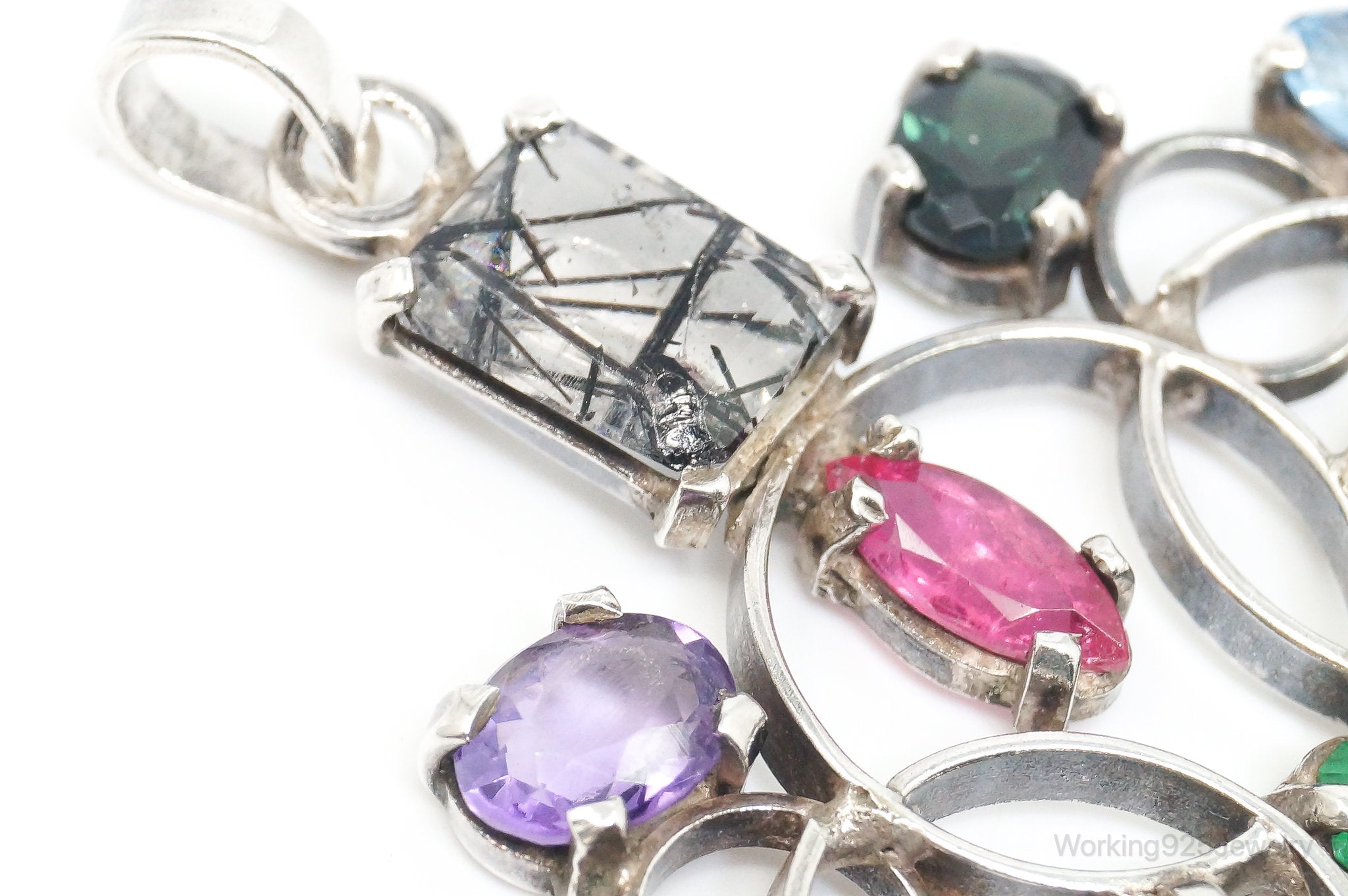 Large Vintage Multi Gem Sterling Silver Necklace Pendant