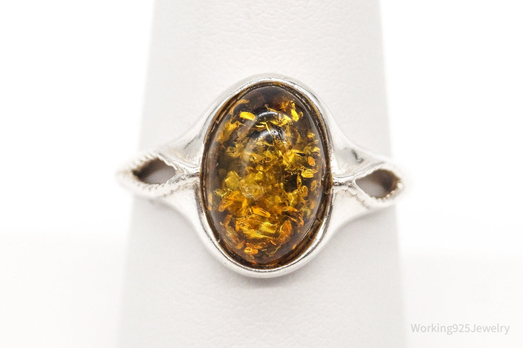 Vintage Designer PS Amber Modernist Sterling Silver Ring - Sz 7.5 Adjustable
