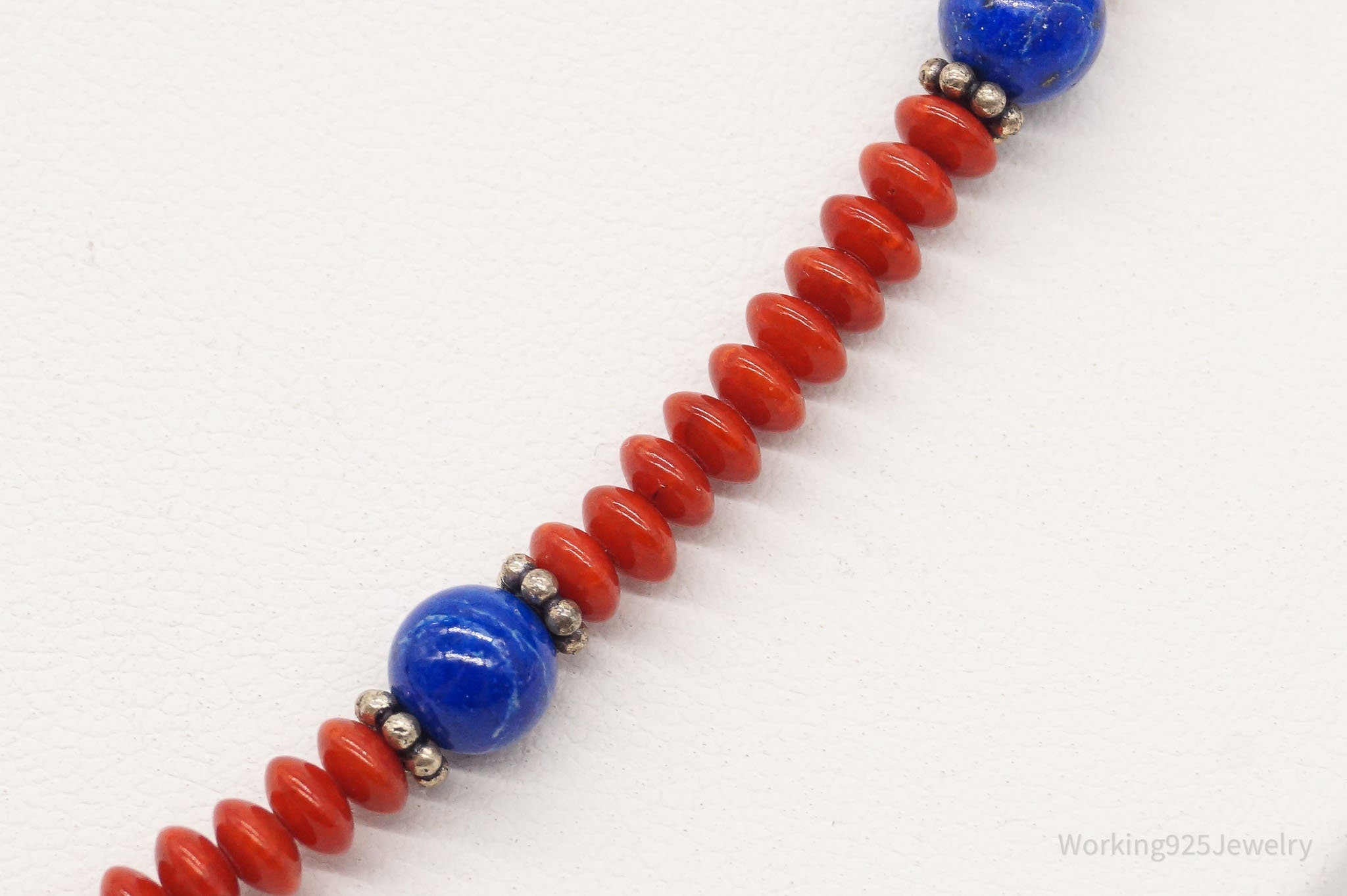 Vintage Handmade Native American Coral Lapis Lazuli Silver Beaded Necklace