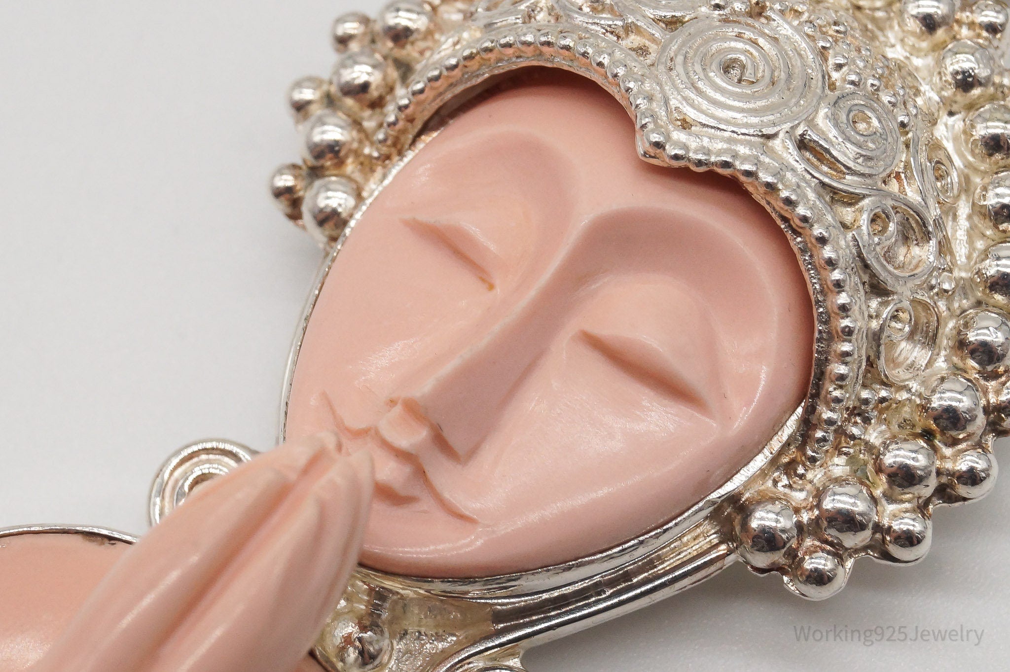 Large Vintage Carved Coral Goddess Sterling Silver Pendant