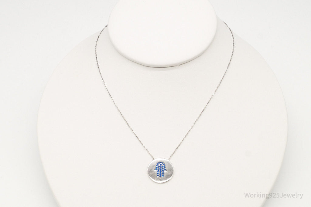 Vintage Blue Cubic Zirconia Hamsa Hand Sterling Silver Necklace