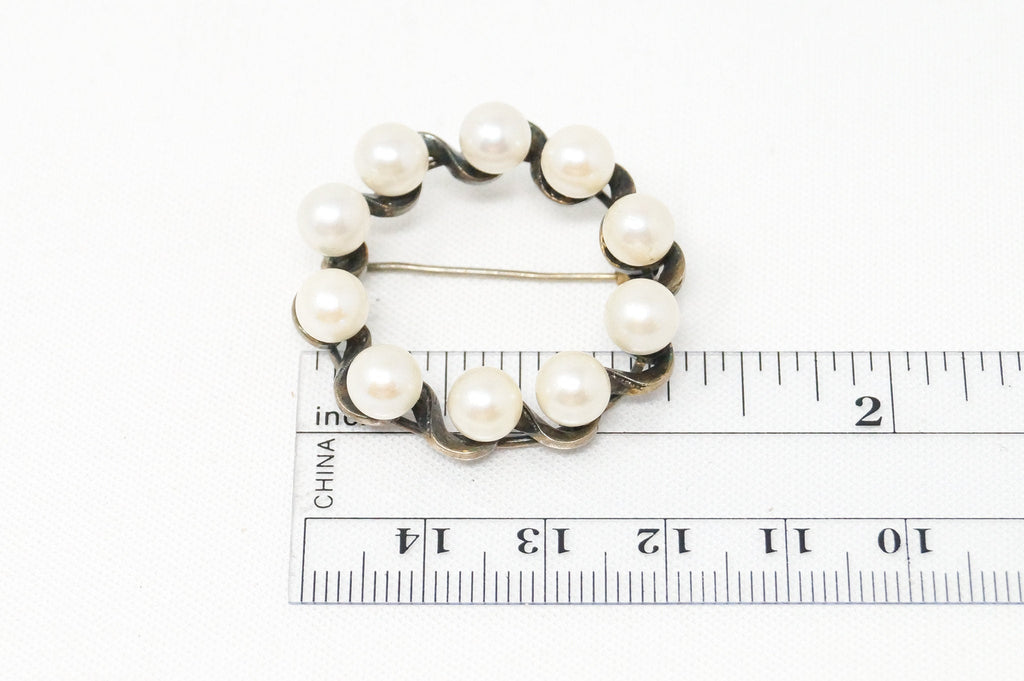 Rare Antique Authentic Designer Mikimoto Akoya Pearl Silver Brooch Pin